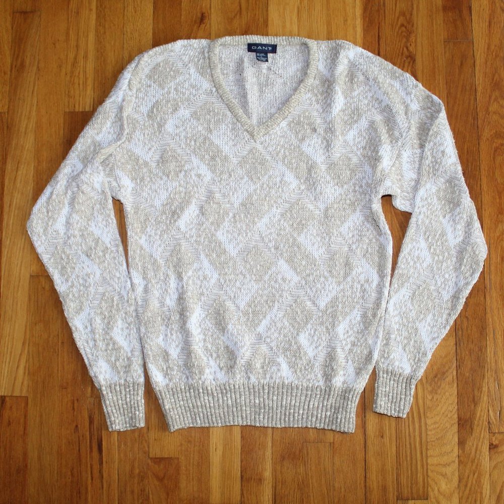 GANT Cream Tan Linen Cotton V-Neck Pullover Sweater Men's L